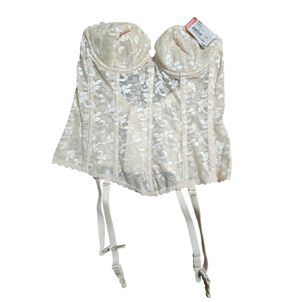 Carnival Floral Lace Deep Plunge Low Back Bustier Garter Corset 36A Beige NWT